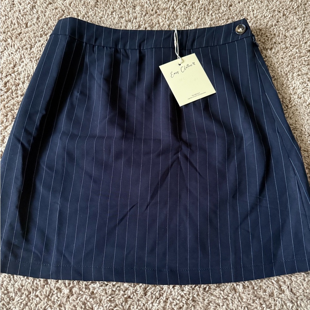 Navy Pinstripe Mini Skirt with Button Detail